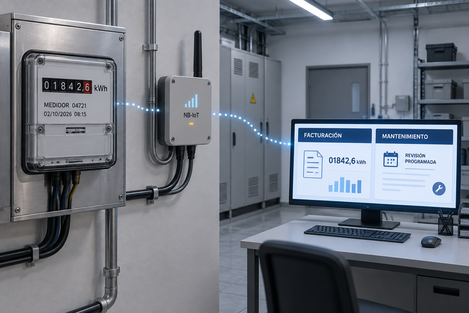 Medidor, gateway NB-IoT y panel de facturación y mantenimiento muestran cómo funciona la telelectura de contadores.